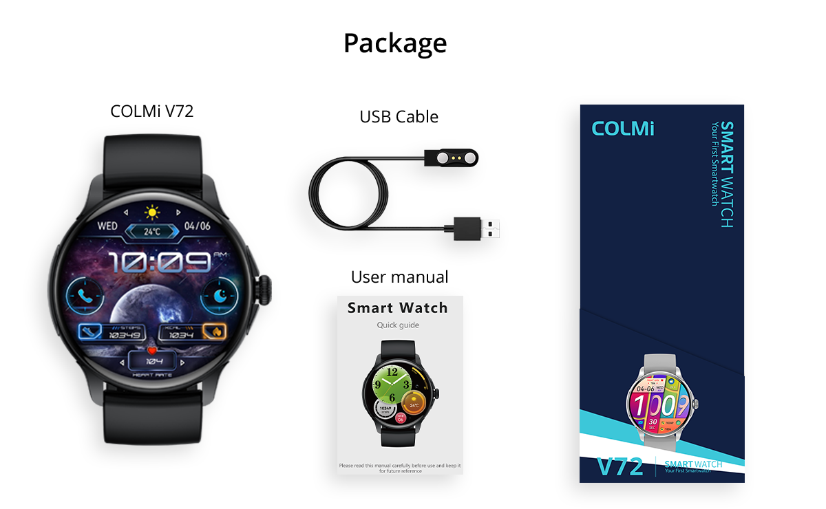 colmi v72 smart watch with large amoled display in the box items